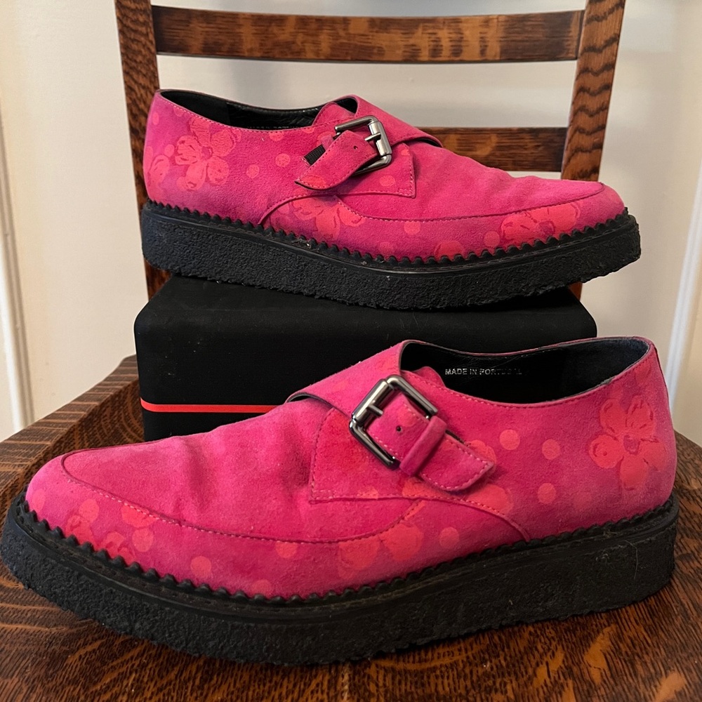 Markus Lupfer Pink+Orange patterned suede “creeper” buckled loafer